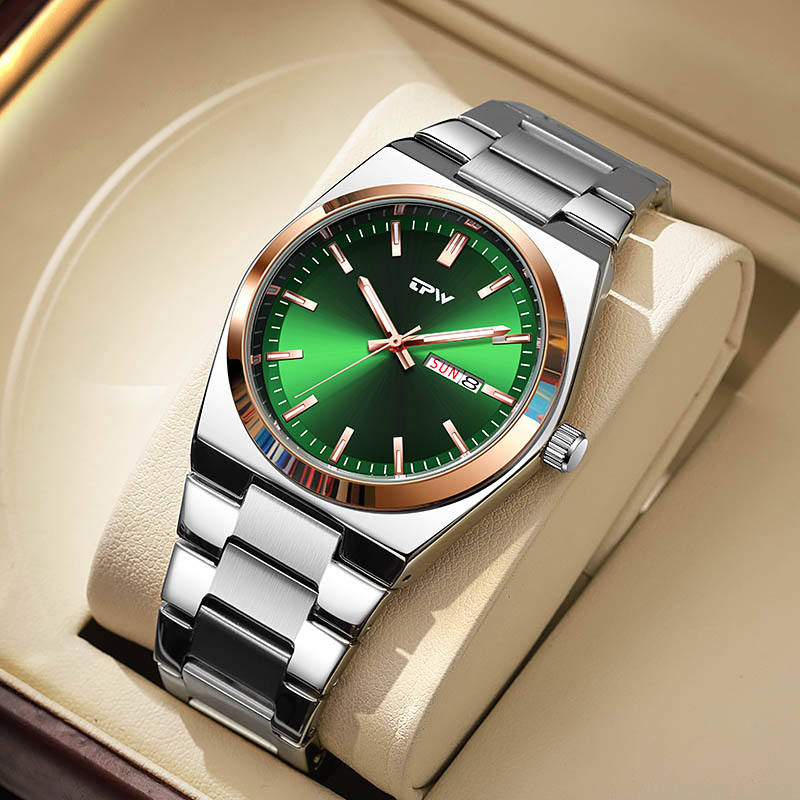 Luxury Men's Watch with Green Dial and Silver Case