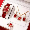 4-in-1 Women's Matching Red Watch, Locket, Earrings and Ring Set